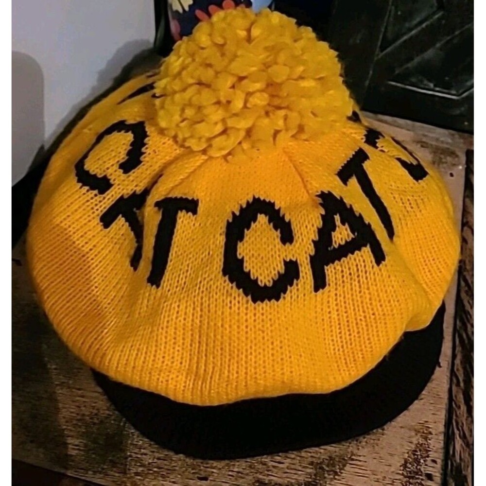 Vintage Caterpillar CAT Knit Cap Brimmed Newsboy Beanie Pom Pom OSFA OSFM Hat